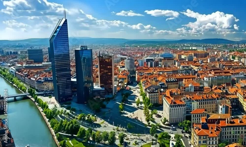 A panoramic view of Lyon's modern business district, with contemporary office buildings, sleek skyscrapers, and green spaces between the structures