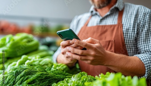A grocer reviews his phone amidst a display of fresh, vibrant, and green vegetables and greens.