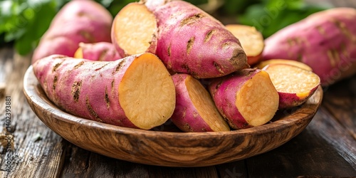 Closeup of Japanese roasted sweet potato on wooden plate, wooden table, Generative AI
