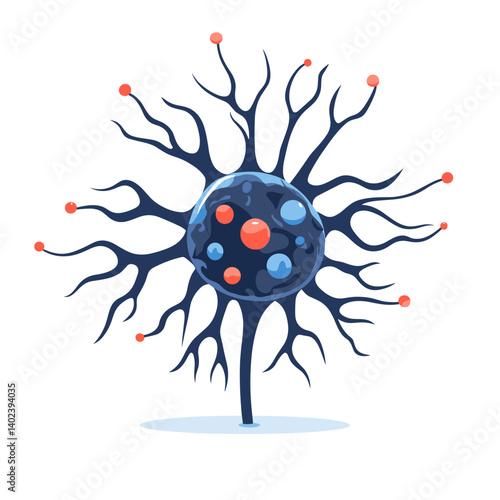 Detailed Illustration of a Neuron Cell with Blue and Red Accents