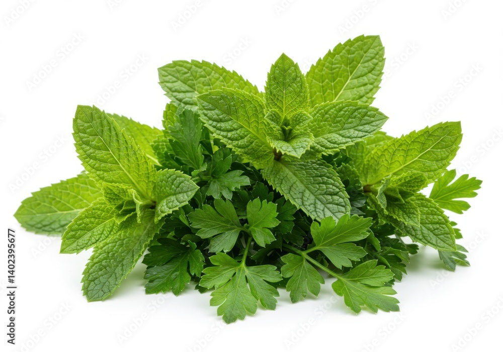Fresh herbs including mint and parsley arranged in a small bunch isolated on white background Fresh herbs including mint and parsley arranged in a small bunch isolated on white background