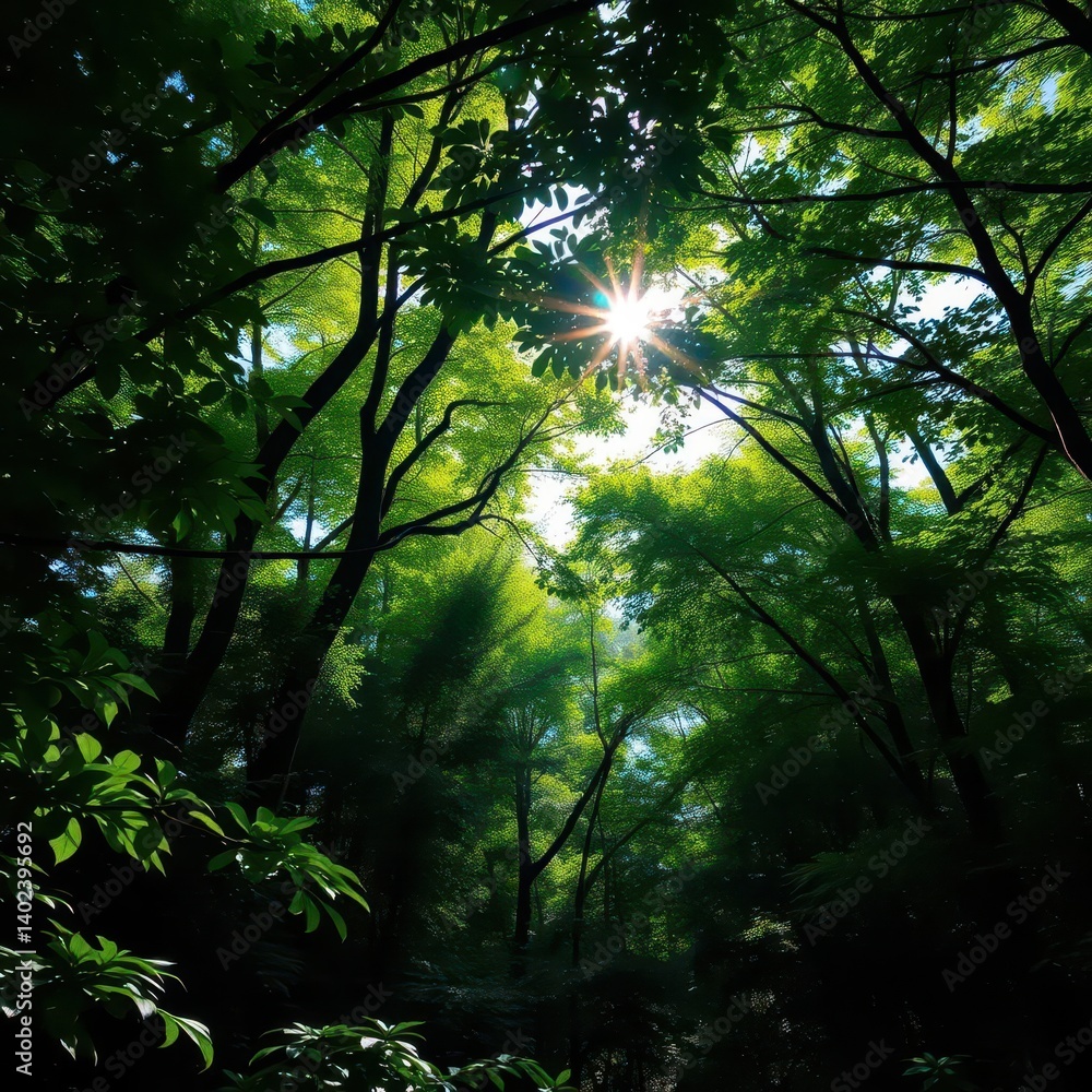 Lush green forest, sunlight dappling through canopy, beautiful, plant Lush green forest, sunlight dappling through canopy, beautiful, plant
