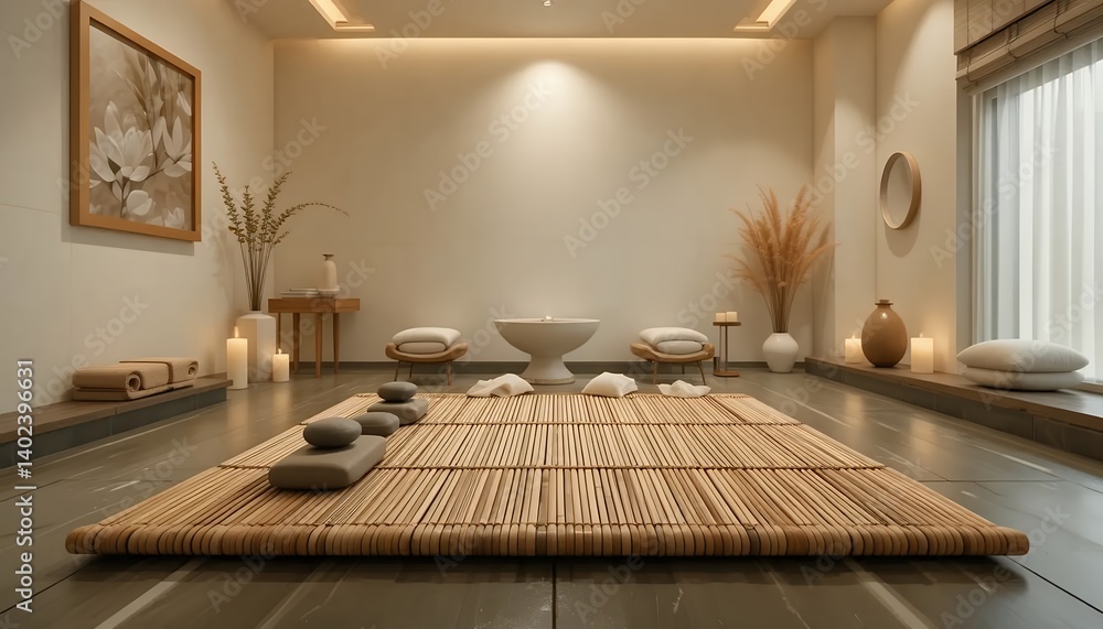 Fototapeta premium Serene Spa Room Design Bamboo Mat, Relaxation Stones, and Calming Ambiance