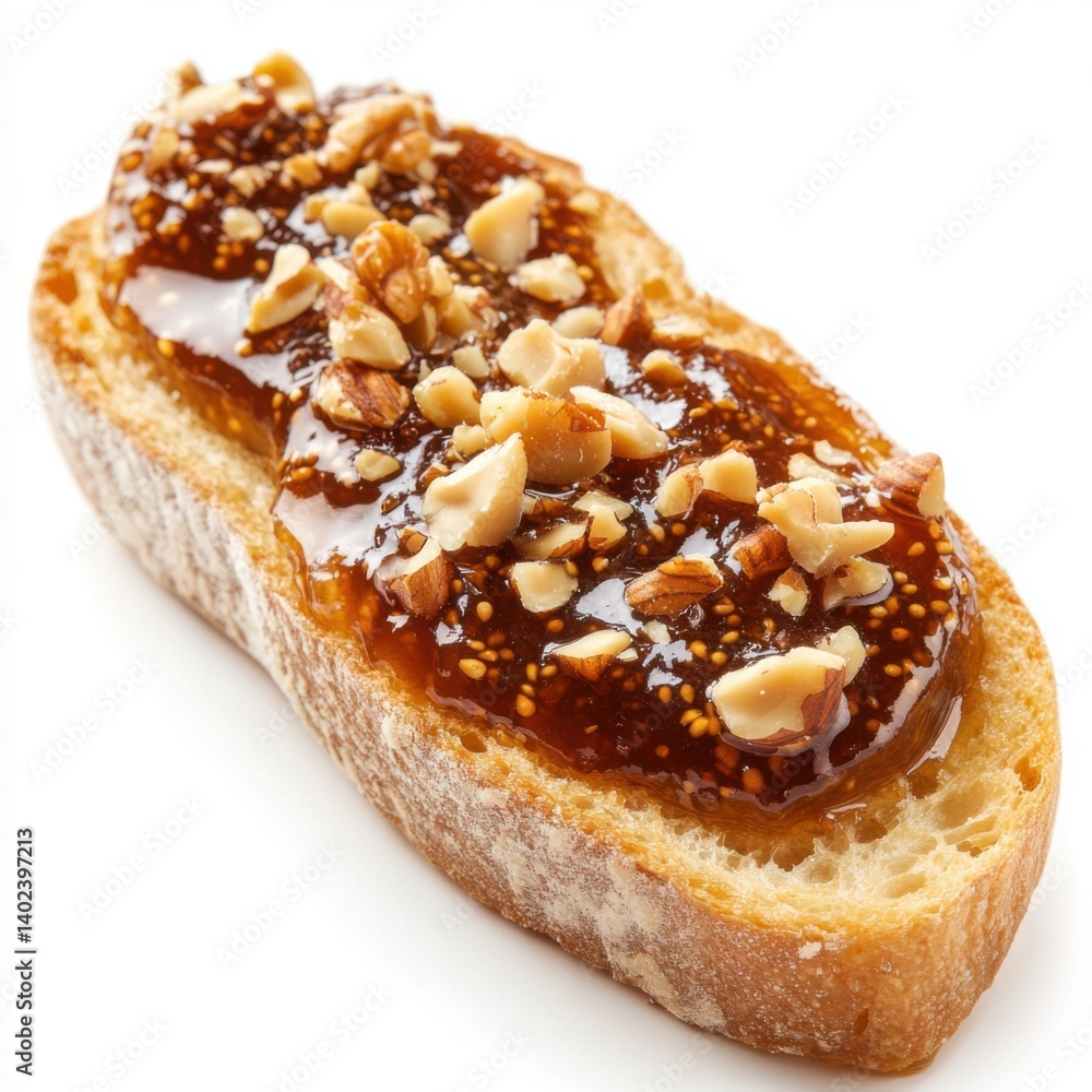 A delightful serving of fig and honey jam drizzled on a warm slice of baguette, A delightful serving of fig and honey jam drizzled on a warm slice of baguette,