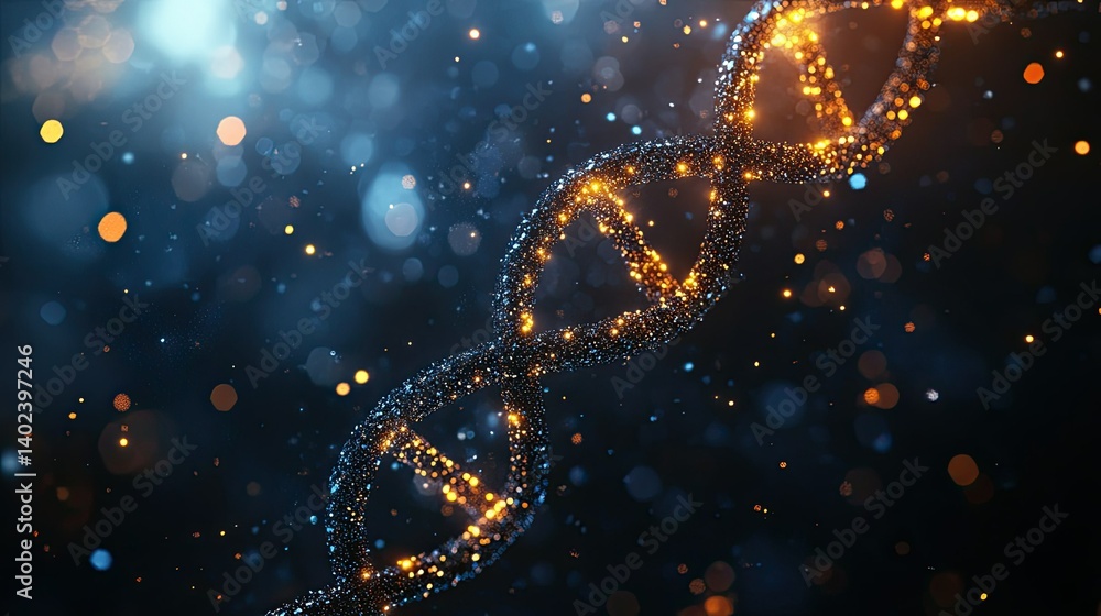 Illuminated abstract DNA helix strands against a dark backdrop with sparkling bokeh lights. -- Illuminated abstract DNA helix strands against a dark backdrop with sparkling bokeh lights. --