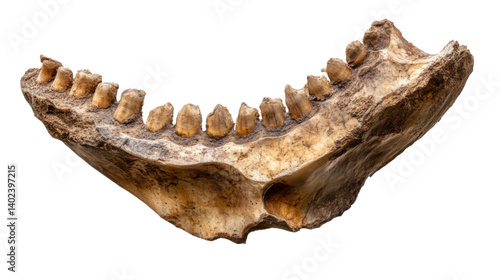 Ancient Animal Jawbone: A detailed close-up of an ancient animal jawbone, showcasing its intricate structure, worn teeth, and aged texture.