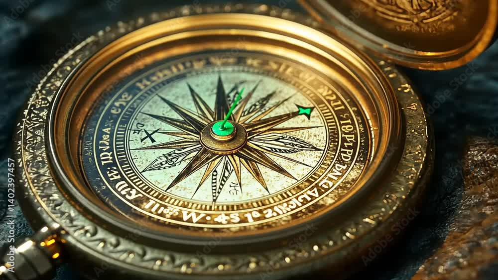 Antique brass compass resting on textured stone surface with glowing needle, symbolizing exploration Antique brass compass resting on textured stone surface with glowing needle, symbolizing exploration