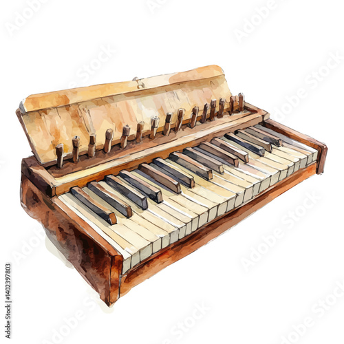 illustration of Organ With A Row Of Wooden Keys, watercolor vector, isolated on a white background.