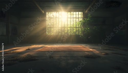 Serene Sunlight Illuminating an Abandoned Room with a Meditative Mat, Vines, and Dust