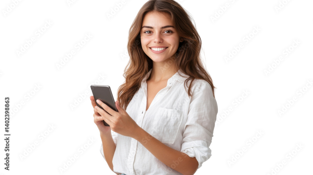 Smiling Woman with Smartphone: A woman in a white shirt radiates genuine happiness as she looks directly at the camera, her smile filled with warmth and genuineness. In her hand. Smiling Woman with Smartphone: A woman in a white shirt radiates genuine happiness as she looks directly at the camera, her smile filled with warmth and genuineness. In her hand.