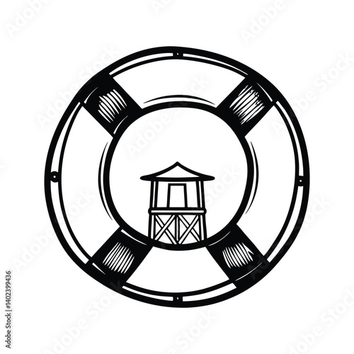 Lifebuoy with lifeguard tower emergency rescue icon silhouette vector with white background