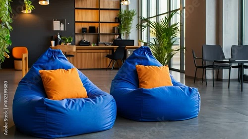 Relaxing Blue Beanbag Chairs in a Modern Office Lobby