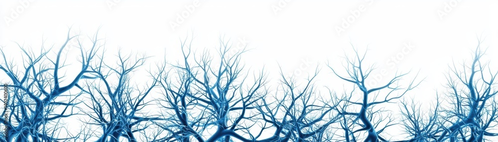 Aerial digital artwork artistic vision of synaptic pruning in neural environments,A minimalistic design featuring bare, blue-toned trees against a stark white background, a serene atmosphere Aerial digital artwork artistic vision of synaptic pruning in neural environments,A minimalistic design featuring bare, blue-toned trees against a stark white background, a serene atmosphere