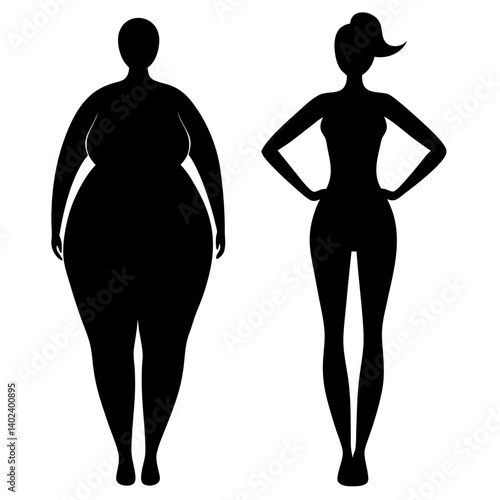 weight loss vector, transformation woman, fitness before after, female health clipart, slimming journey icon, black figure duo, obesity silhouette, dieting woman art, progress vector graphic, woman ch