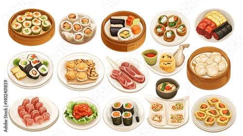 Varied Asian Cuisine: Dumplings, Sushi, and Meat Dishes on Plates and Steamers, PNG