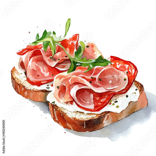 Open-faced Sandwich With Cured Meats, vector watercolor illustration, isolated on a white background.