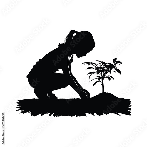 Girl planting a tree black color on isolated white background