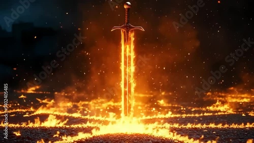 Fiery sword forged in intense flames amidst a blaze of sparks and molten metal