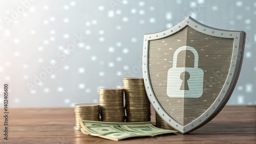 Cybersecurity data protection privacy concept Shield with a lock symbol protecting stacks of coins, symbolizing financial security and investment protection.
