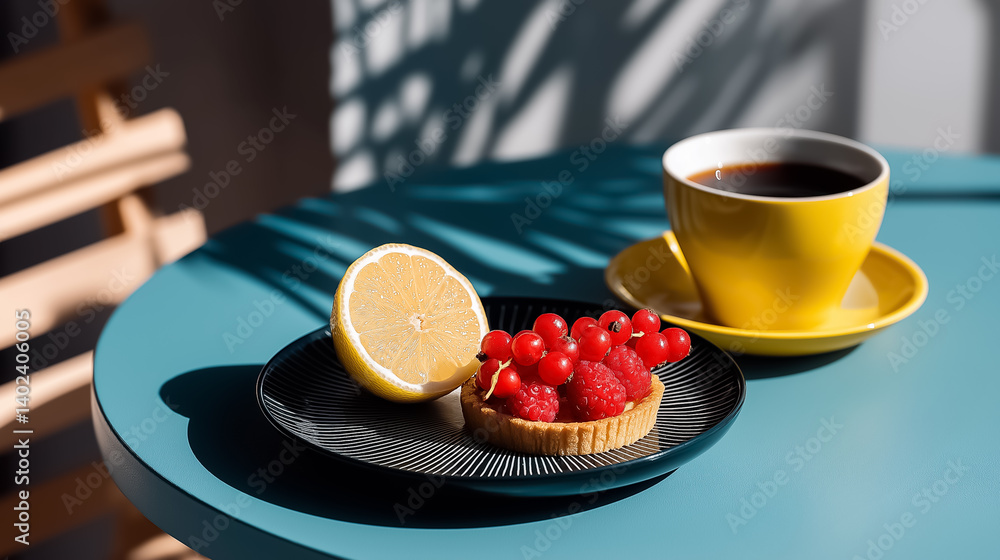 Minimalist summer cafe table with cold brew coffee, lemon tart, and fresh berries, color pop styling, sunny day, no people Minimalist summer cafe table with cold brew coffee, lemon tart, and fresh berries, color pop styling, sunny day, no people