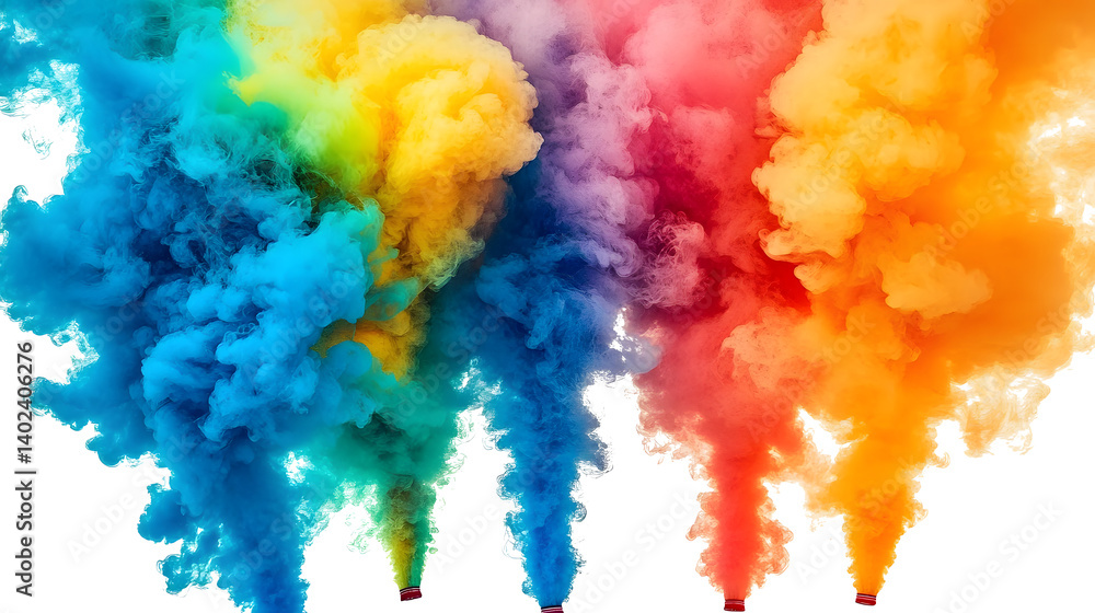 Fototapeta premium Colorful Smoke Bombs Create Vibrant Clouds on White Generative AI