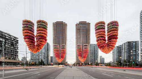 City street art installation, vibrant hanging flowers, urban landscape, twilight