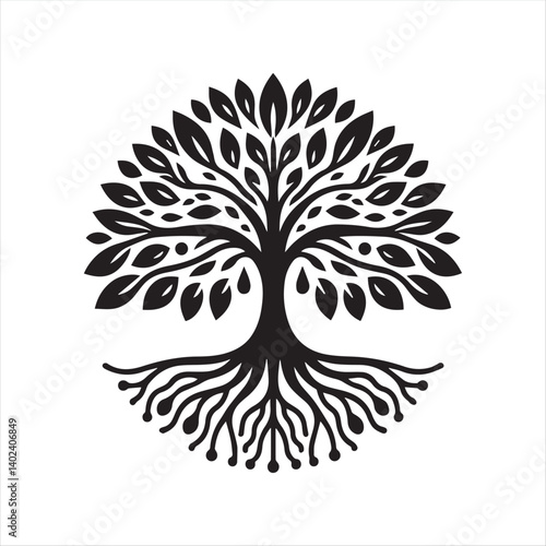 Surreal Tree on Mountain Illustration – Black and White Nature Symbol in Tribal Style