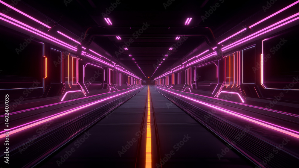 Futuristic corridor with neon lights and sleek design, creating vibrant atmosphere Futuristic corridor with neon lights and sleek design, creating vibrant atmosphere