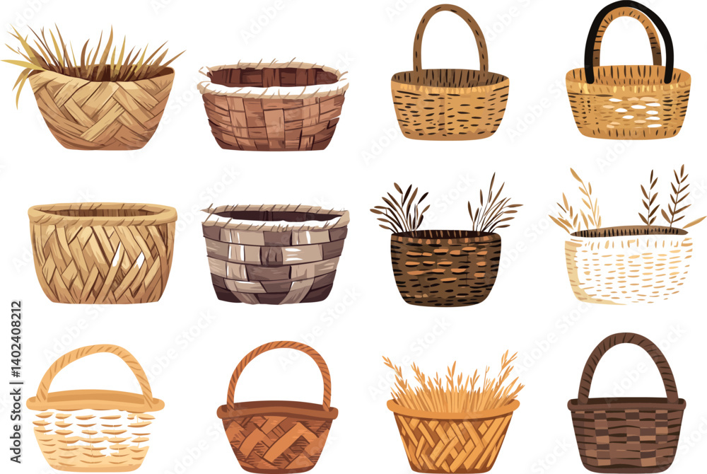 Woven Baskets in Various Styles and Textures Arranged in a Grid Woven Baskets in Various Styles and Textures Arranged in a Grid