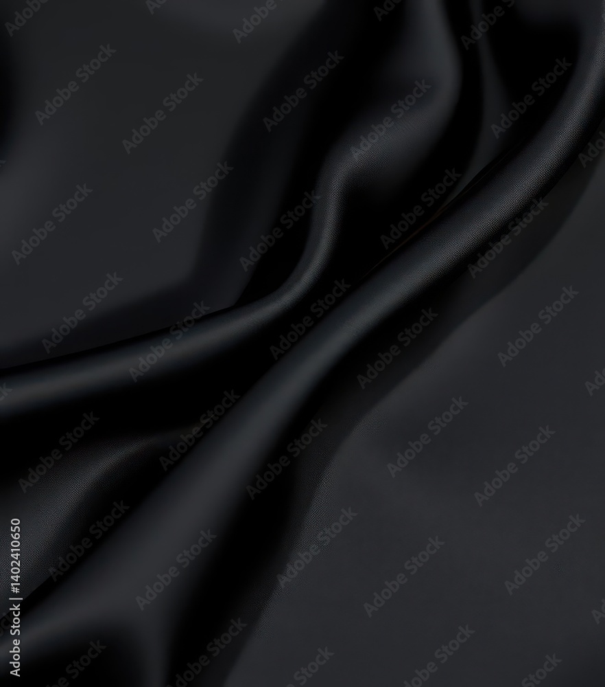 Fototapeta premium Deep black satin fabric, luxurious texture, smooth, elegant folds, glossy, reflection, velvety