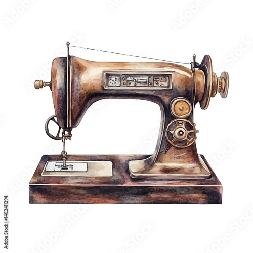 Old Sewing Machine With Spinning Wheel, watercolor vector, isolated on a white background.
