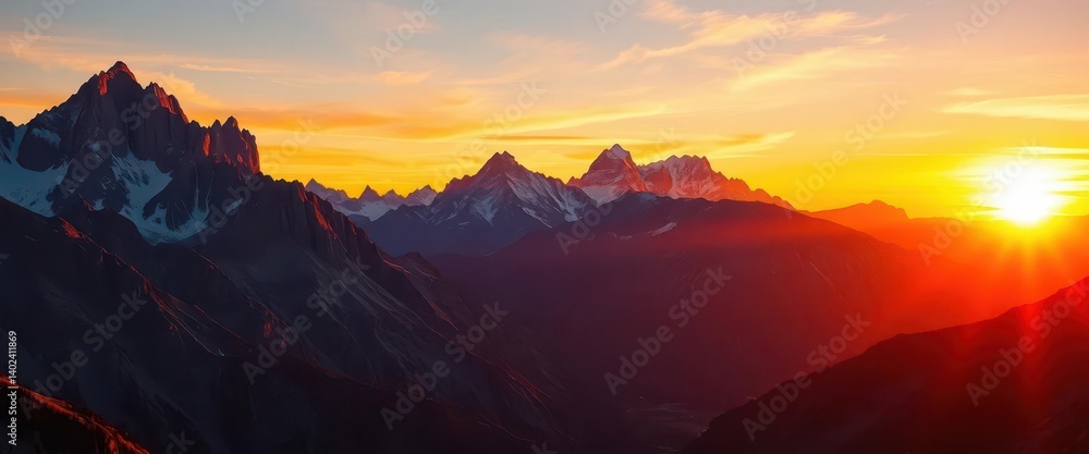 Naklejka premium Majestic sunset paints fiery hues across towering peaks, casting long shadows in the valleys, color, beautiful