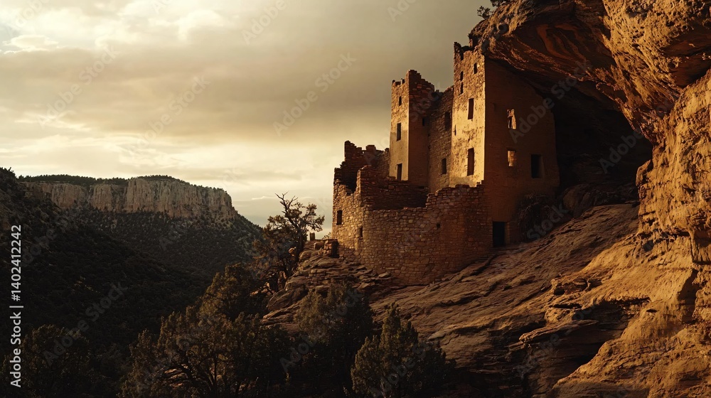 Fototapeta premium A weathered stone structure rests in a mountain landscape at sunset