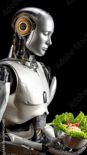 A robot is holding a bowl of salad. The robot is wearing a silver suit and has a metallic face. The salad is green and has red and yellow pieces. The robot is standing in front of a black background