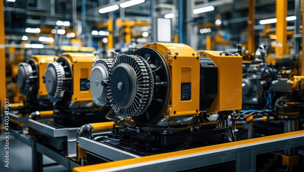 Yellow machinery lined up in a factory setting with pipes and industrial equipment. Yellow machinery lined up in a factory setting with pipes and industrial equipment.