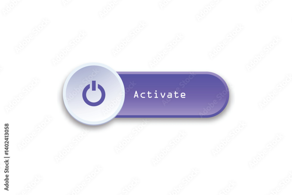 Flat purple power icon button with white circular background, representing activation or startup option. Flat purple power icon button with white circular background, representing activation or startup option.