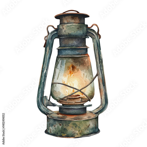 Old Metal Lantern With A Flickering Light, vector watercolor illustration, isolated on a white background.