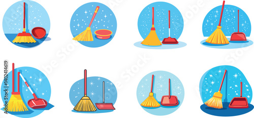 Vector Illustrations of Cleaning Tools in Circular Designs for Modern Graphic Use