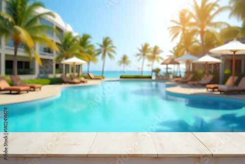 Wallpaper Mural Empty table top and blurred swimming pool in tropical resort in summer for display or montage your products. Torontodigital.ca