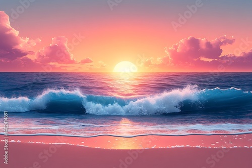 Fototapeta Naklejka Na Ścianę i Meble -  Graceful seaside view, flat vector illustration, waves gently crashing on sandy shore, tranquil sunset hues in the background, realistic and professional imagery with balanced composition.