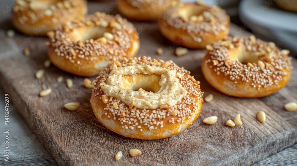 Pine nut topped bagels with cream cheese, on a wooden board, kitchen background Pine nut topped bagels with cream cheese, on a wooden board, kitchen background