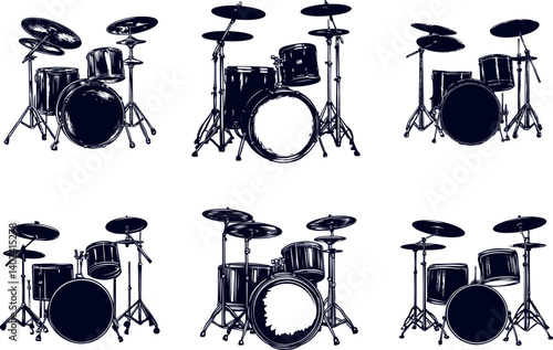Variety of Drum Sets Illustrated in Vector Style for Music Design Projects