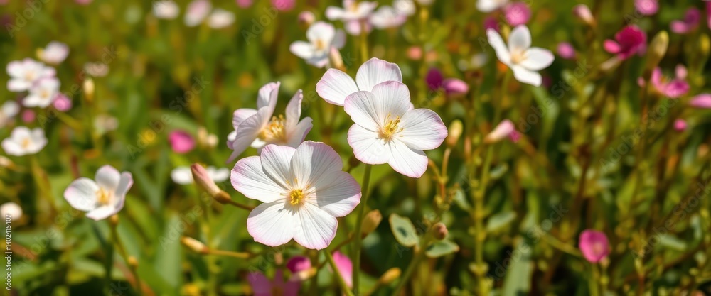 Delicate white and pink Bacopa monnieri blossoms in a sunlit herbal field, medicinal plant, meadow, floral Delicate white and pink Bacopa monnieri blossoms in a sunlit herbal field, medicinal plant, meadow, floral