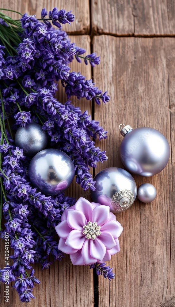 Elegant lavender & silver ornaments arranged on rustic wooden surface, elegant, pastel Elegant lavender & silver ornaments arranged on rustic wooden surface, elegant, pastel