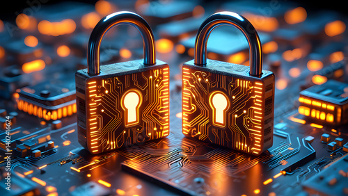 Leuchtende Vorhängeschlösser repräsentieren Cybersecurity und Datensicherheit