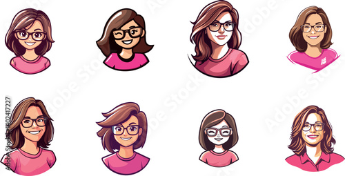 Vector Illustrations of Women With Glasses in Various Expressions and Hairstyles