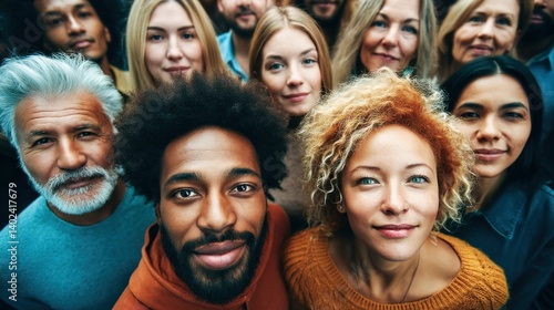 An upward shot of a multi-ethnic group of people looking and smiling at the camera.