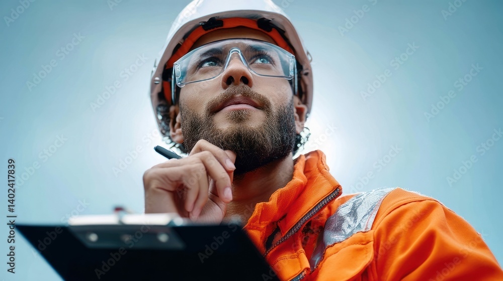 Obraz premium A construction worker is looking up while holding a clipboard, contemplating a project.