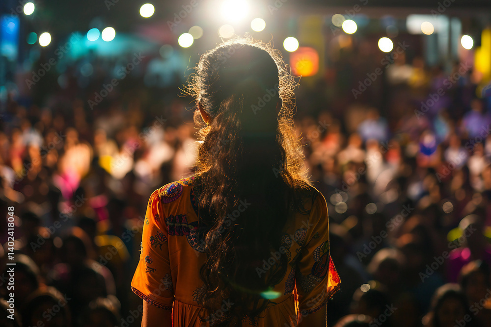 Fototapeta premium Stand-up comedian performing on stage under dramatic spotlight, engaging with the audience in a dimly lit theater – generative AI