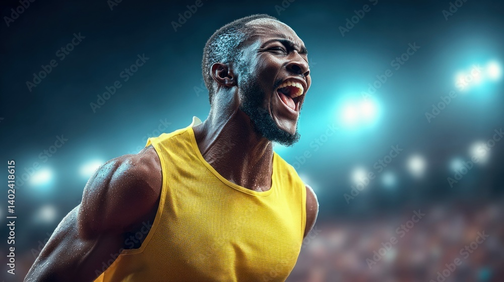 A determined athlete roars with joy, celebrating victory with passion and intense energy in the stadium.